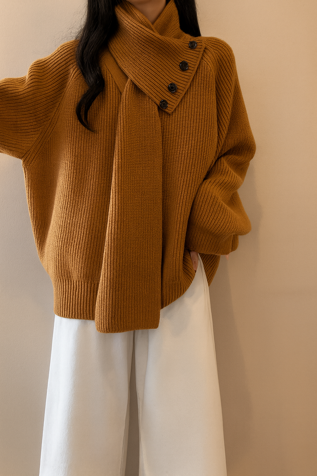 Detachable Scarf V Neck Sweater